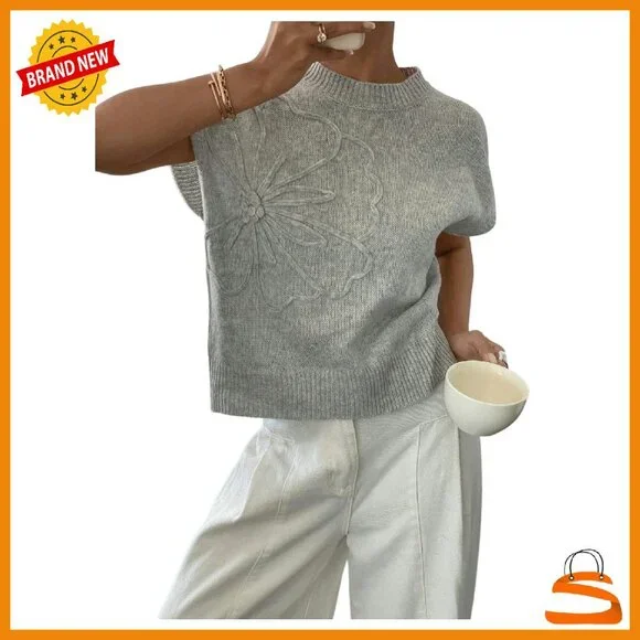 Short Sleeve 3D Floral Pullover Sweater Lightweight Knit Top - Picture 1 of 6